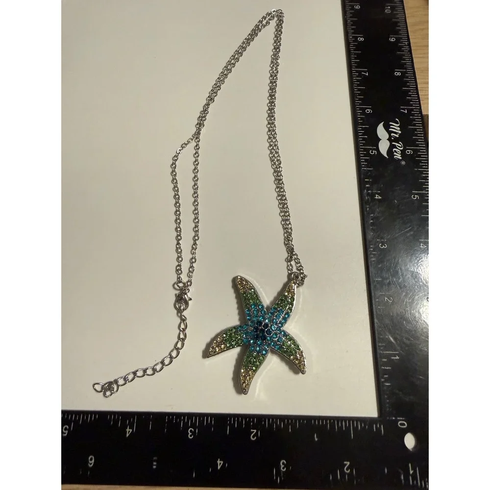Silver Tone Ombre Rhinestone Starfish Pendant Necklace Blue Green Yellow Crystal